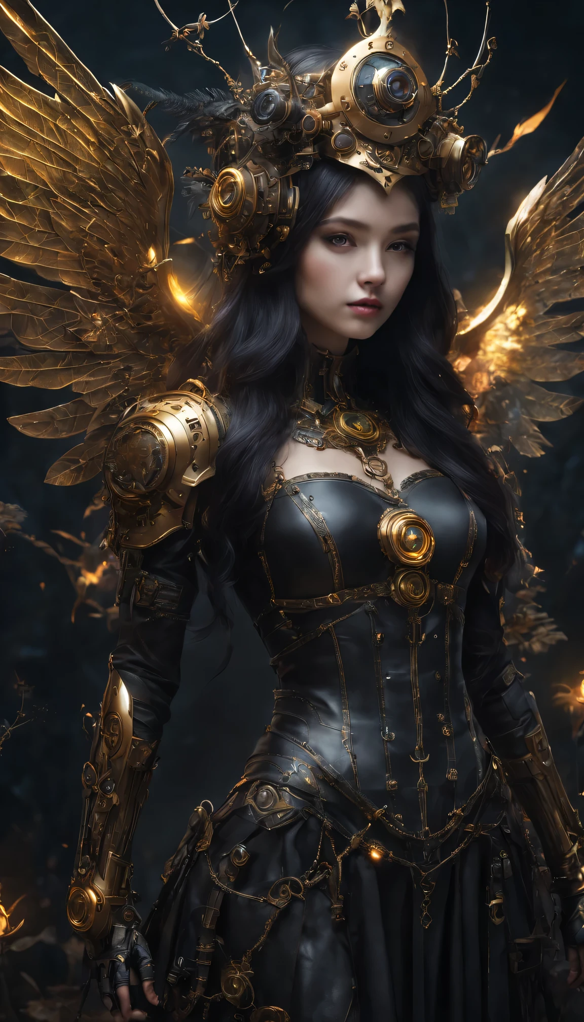 In the dark magic forest、Robot Witch、witch hat、wearing a veil、glowing eyes、cybernetic enhancement、mechanical limbs、steampunk aesthetic,golden gear,Detailed mechanical wings、Arcane Broom、Tattoos with symbols and runes、smokes、Create a mysterious and charming atmosphere,(best quality,4K,8k,masterpiece:1.2),Super detailed,(lifelike,照片lifelike,The photos are real:1.37),human development report,ultra high definition,studio lighting,Super beautiful paintings,clear focus,Physically based rendering,extremely detailed description,main,bright colors,Defocused,