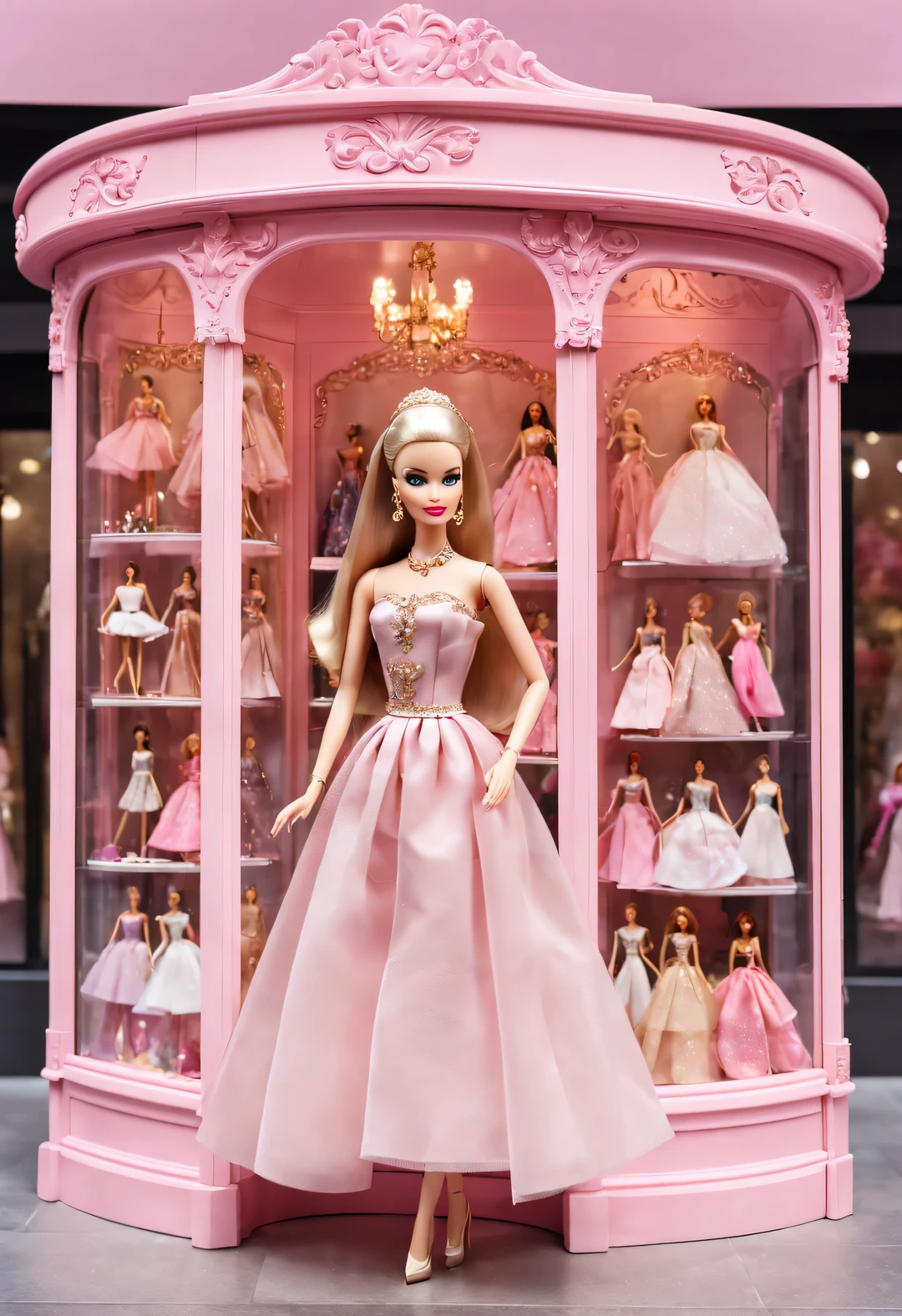 The background of the Barbie doll display window on the street corner a light pink color, which complements European classical gold. In the center of the window a carefully designed Barbie doll retro carved display rack with delicate patterns, displaying a variety of Barbie dolls, classic princess series, modern fashion series, each doll wearing various gorgeous and exquisite clothing, accompanied by exquisite jewelry and shoes, Transparent glass display cabinets are installed on both sides, inside which Barbie doll accessories are placed, such as various clothing, shoes, jewelry, etc,