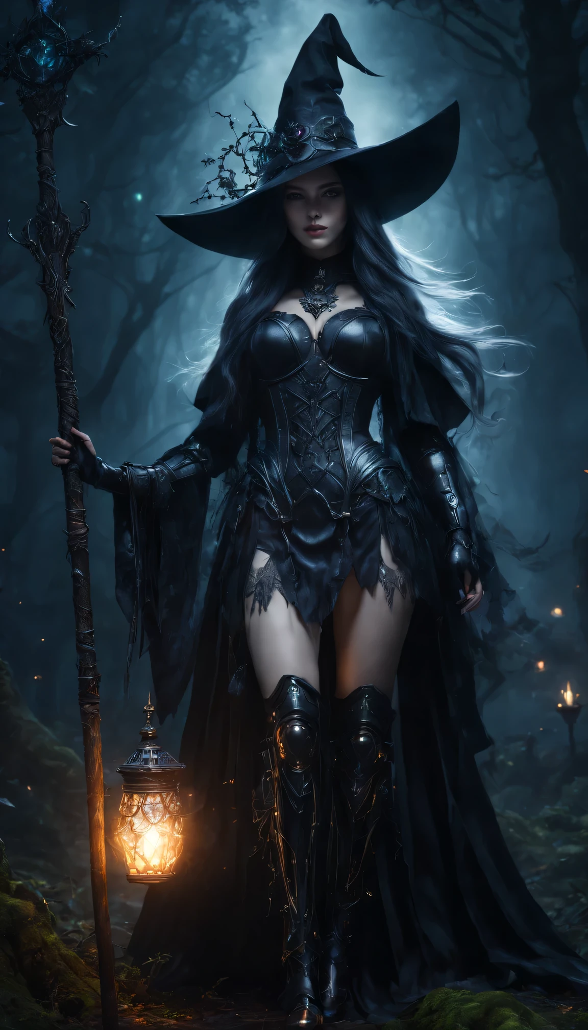 In the dark magic forest、Robot Witch、witch hat、wearing a veil、glowing eyes、cybernetic enhancement、Mechanical edge structure、Arcane Broom、gothic atmosphere、With symbols and runes、smokes、Create a mysterious and charming atmosphere,(best quality,4K,8k,masterpiece:1.2),Super detailed,(lifelike,照片lifelike,The photos are real:1.37),human development report,ultra high definition,studio lighting,Super beautiful paintings,clear focus,Physically based rendering,extremely detailed description,main,bright colors,Defocused,