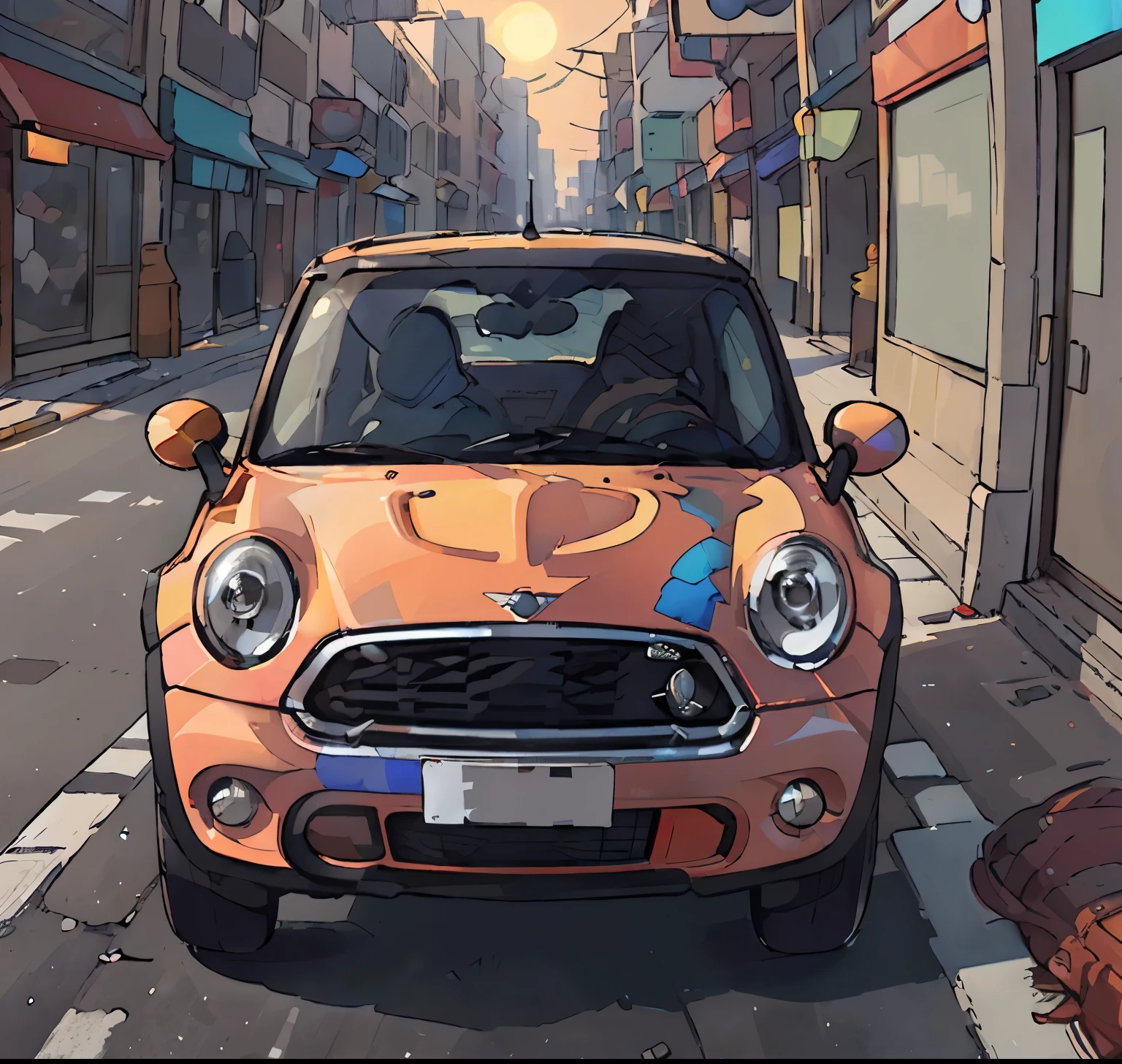 (highest quality,High resolution),Shiny mini cooper with bright colors, realistic rendering, Detailed features, bright sunshine,  background, busy street, stylish accessories, detailed car interior, rearview mirror, polished metal surface, professional photo quality