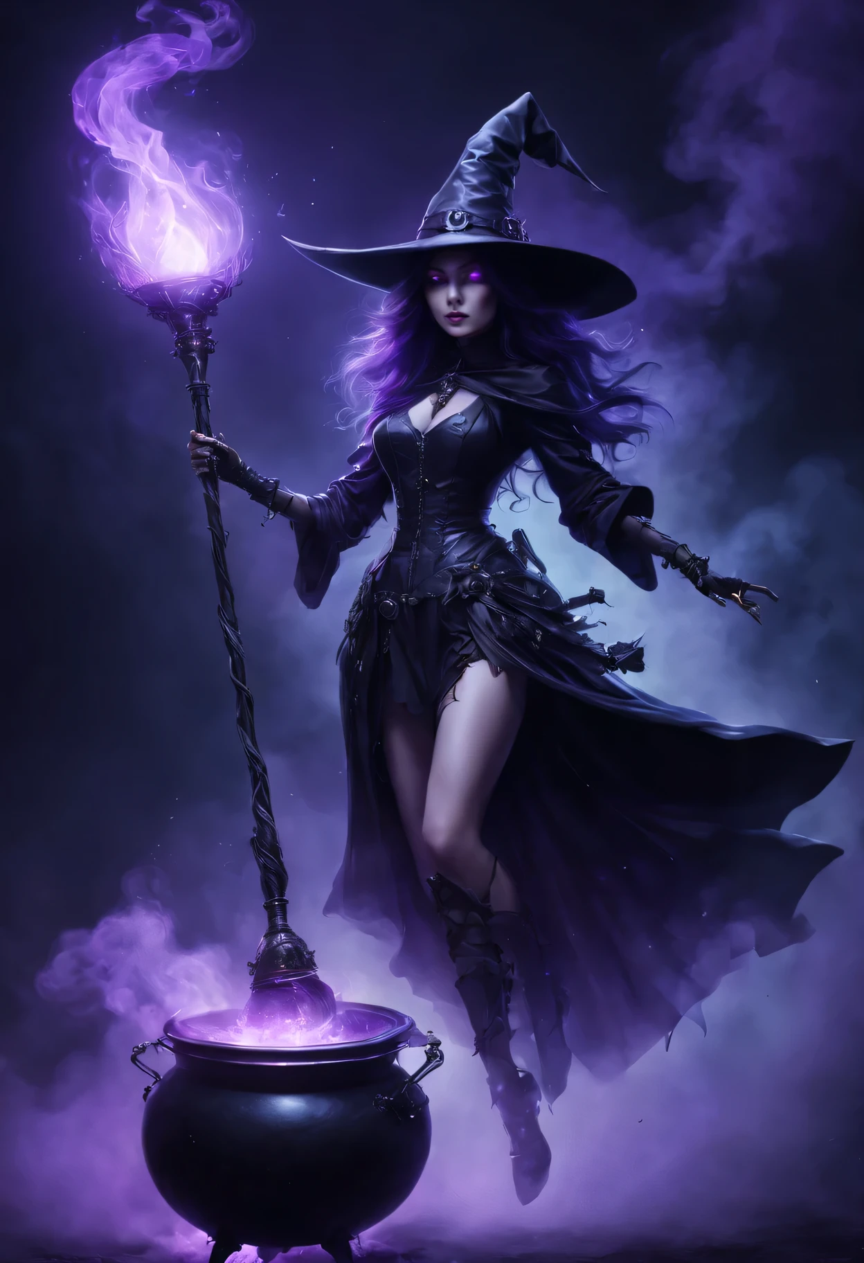 high resolution,Super detailed,actual,Robot Witch,Mechanical broom,glowing eyes,witch hat,Holographic Cauldron,cybernetic limbs,Enchantment spells,gothic atmosphere,suspended in mid-air,metallic feel,wisps of green smoke,Intense purple and black color palette,eerie lights,mystic symbols