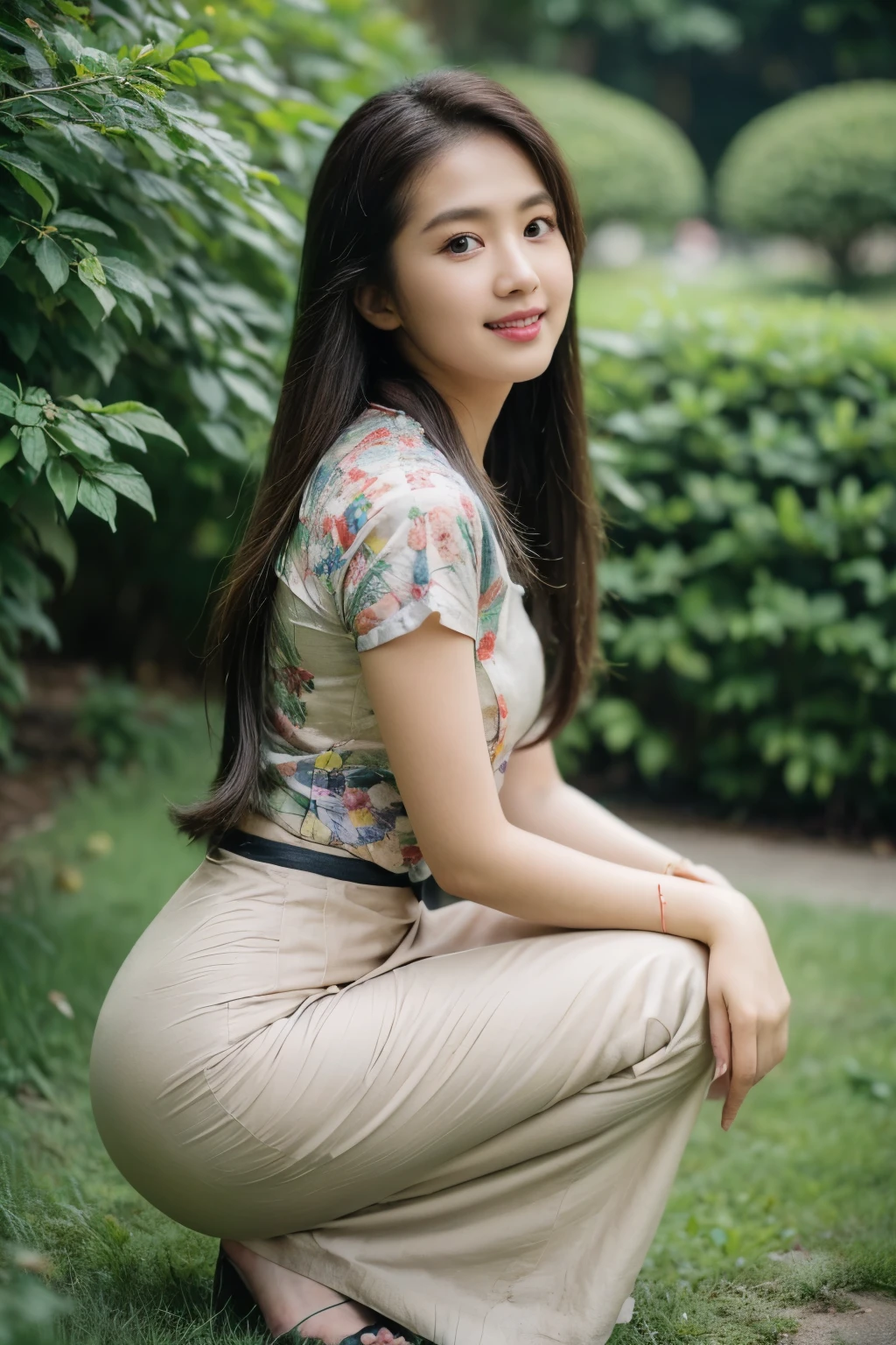 RAW photo, A little Asian woman with long hair is walking in a flower garden, wears a long Indonesian batik black skirt and a black Indonesian batik shirt, Indonesia batik with intricate design, Beautiful Body, acmm ss outfit, acmm long skirt, wearing acmm top, very attractive and beautiful, with lovely look, traditional clothes, very beautiful enga style, (high detailed skin:0.8), 8k uhd, dslr, soft lighting, HDR, warm light, high quality, film grain, Fujifilm XT3