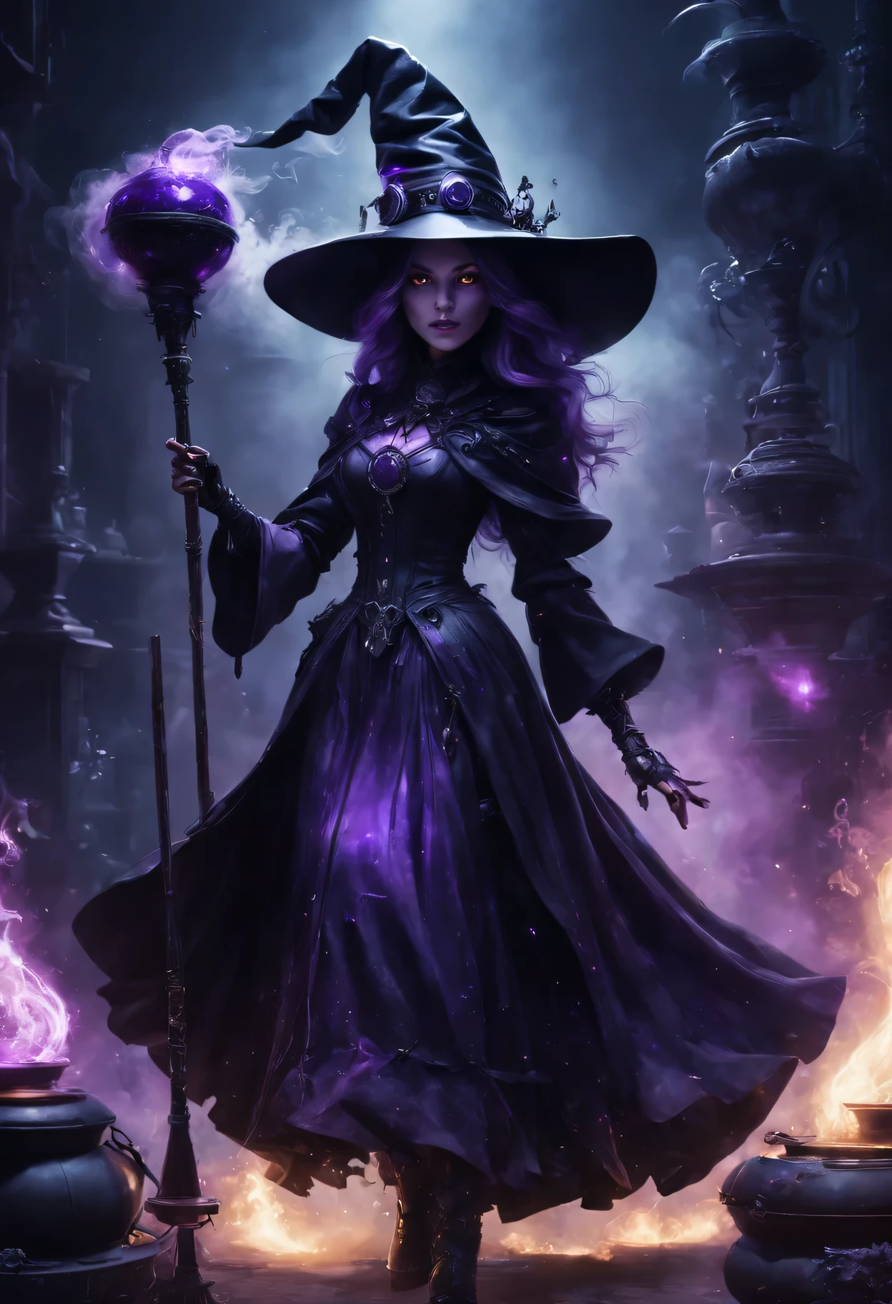 high resolution,Super detailed,actual,Robot Witch,Mechanical broom,glowing eyes,witch hat,Holographic Cauldron,cybernetic limbs,Enchantment spells,gothic atmosphere,suspended in mid-air,metallic feel,wisps of green smoke,Intense purple and black color palette,eerie lights,mystic symbols