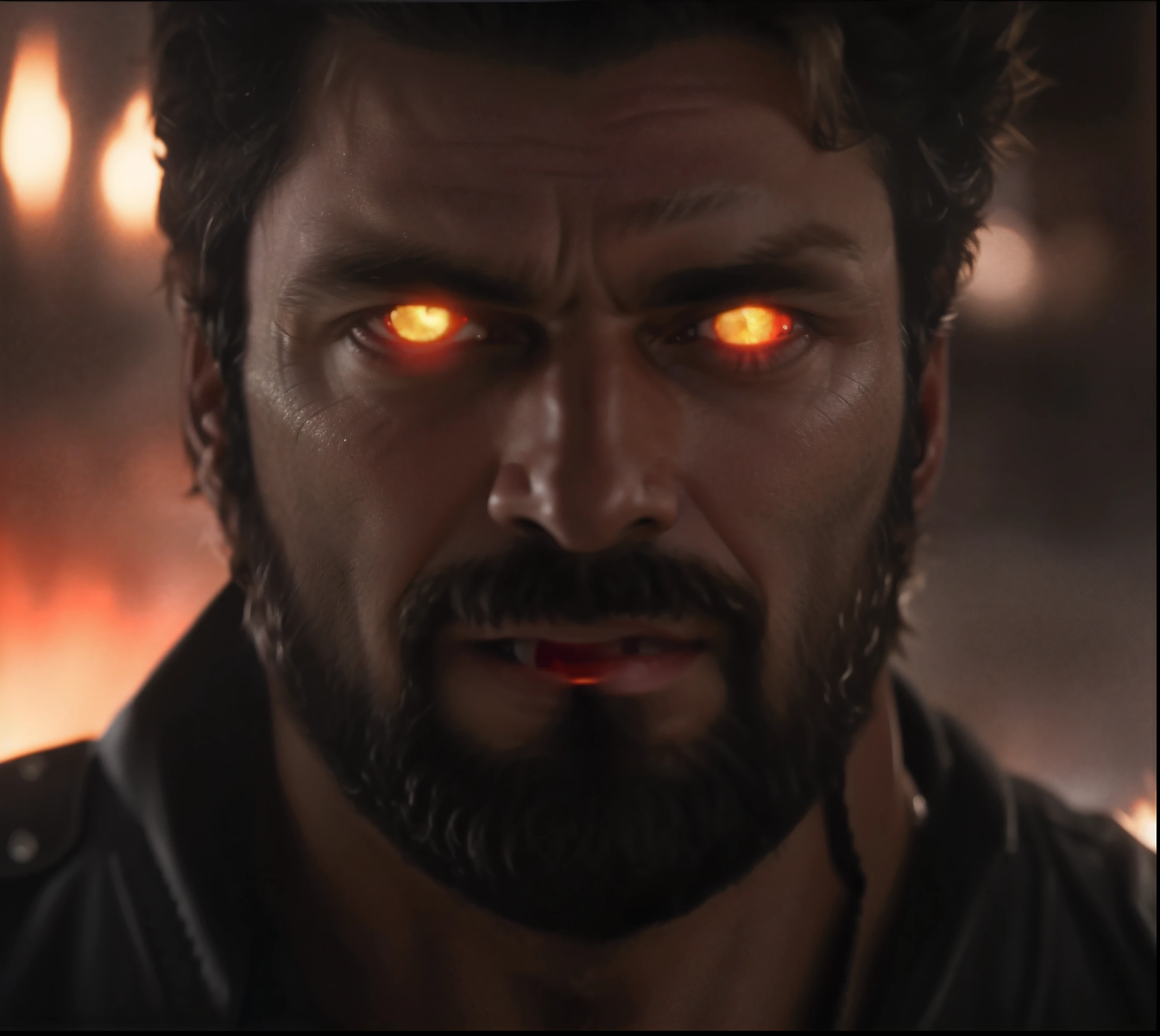 a close up of a man with glowing eyes and a beard, karl as wolverine, photorealistic logan movie still, karl , kar dragonslayer, dramatic sci-fi movie still, he has eyes of fire, shot from cinematic, the night war rages behind him, x, his eyes glowing yellow, vfx shot, he's very menacing and evil