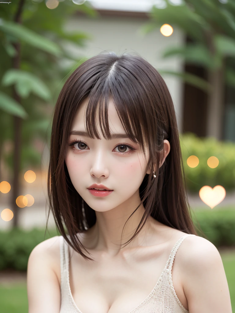 (heart particles:1.3)、Masseter muscle part, highest quality, Super detailed, small details, High resolution, 8K Dende Wallpaper, perfect dynamic composition, beautiful and detailed eyes, natural lip, sexy knit dress , big breasts、have cleavage, random sexy pose