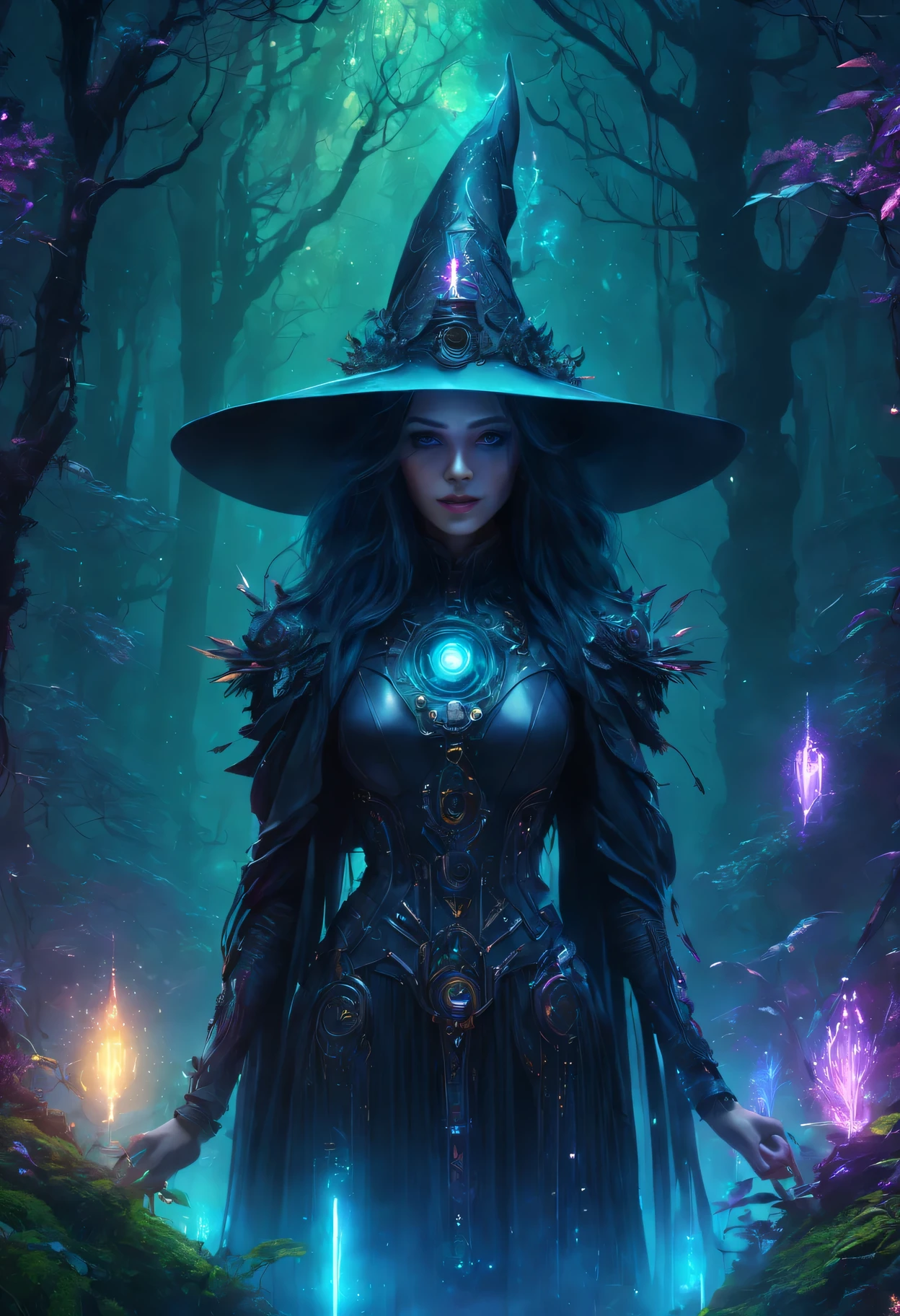 (veiled,Mechanical,Cyberpunk Witch in the Enchanted Forest),illustration,Detailed cybernetic enhancements,Glowing ethereal runes,floating plant creatures,shimmering particles,twinkling fairy lights,shimmering mist,strong color palette,(best quality,4K,high resolution:1.2),Vivid and saturated colors,Soft ambient lighting