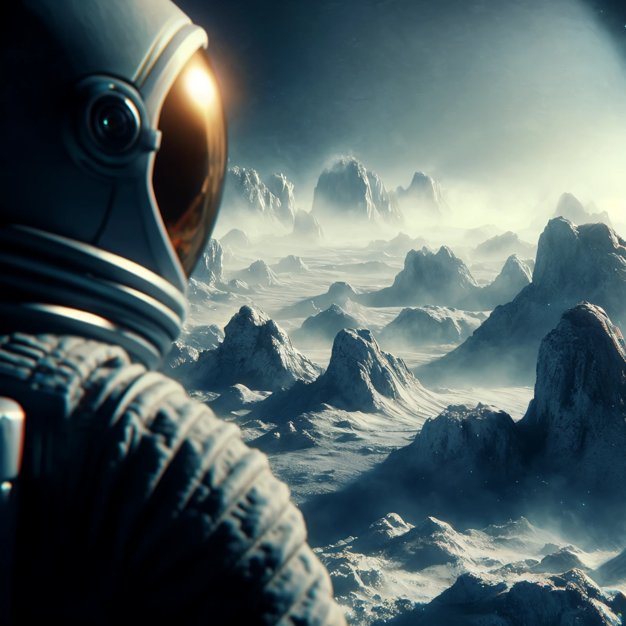 astronaut looking at a distant landscape with mountains in the background, beeple and tim hildebrandt, from a 2 0 1 9 sci fi 8 k movie, cinematic beeple, an alien landscape view, 4k highly detailed digital art, 8 k matte painting, 8k matte painting, beeple. octane render, realism | beeple