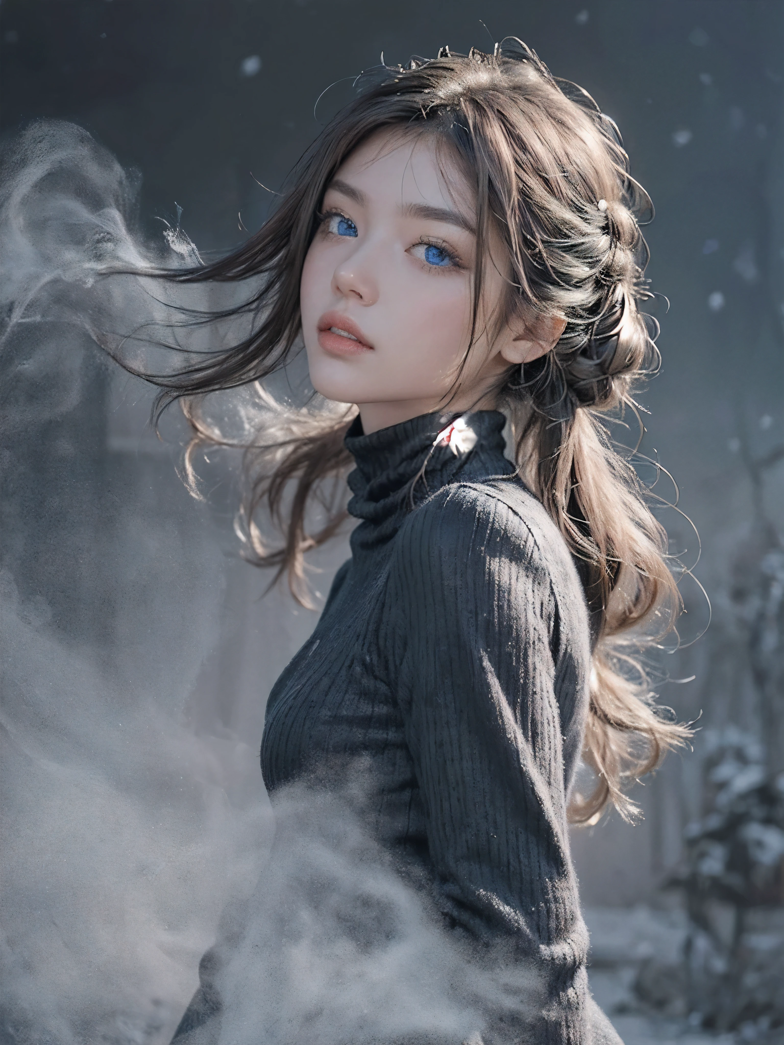 (Realistic:1.6), (official art), (emotional, Nostalgic), (beautiful still life painting art), ultra detailed, beautiful, masterpiece, best quality, 
_
BREAK (1girl:1.2), 22 years old, 160 cm, Japanese cute model, Tightened all body, medium Breasts, small head, small face, diamond Face, small nose, Sharp Faceline, Detailed face, Detailed eyes, young hands and fingers, beautiful hands and fingers, five fingers, 
_
BREAK ( Glossy Lips:1.3), (Light color lips, Half open mouth, beautiful Teeth:1.2), (dropy eyes, Double eyelid, Blue eyes, Shiny eyes:1.5), Shiny skin, 
_
BREAK (Winter hairstyle:1.3), (gray hair:1.2), shiny hair, Detailed hair,
_
 BREAK (White and black theme:1.3), (emotional background), (blurry background, Fog, mist:1.6),
_
BREAK (wide angle:1.6), (from side, looking away:1.6),
_
BREAK (black theme:1.2), (A-line black turtleneck dress:1.4), (long sleeves with boa:1.2), (soft and flowy fabric:1.2), (silver snowflake pendant necklace:1.2), _
BREAK (snowy winter landscape background:1.3), (soft falling snow:1.2), (model stands confidently with hands in pockets:1.2), 