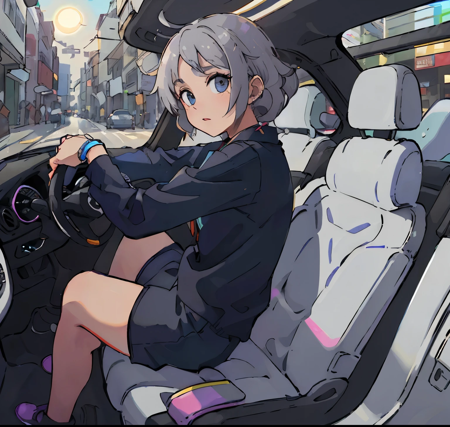 (highest quality,High resolution),Shiny mini cooper with bright colors, realistic rendering, Detailed features, bright sunshine, background, busy street, stylish accessories, detailed car interior, rearview mirror, polished metal surface, professional photo quality