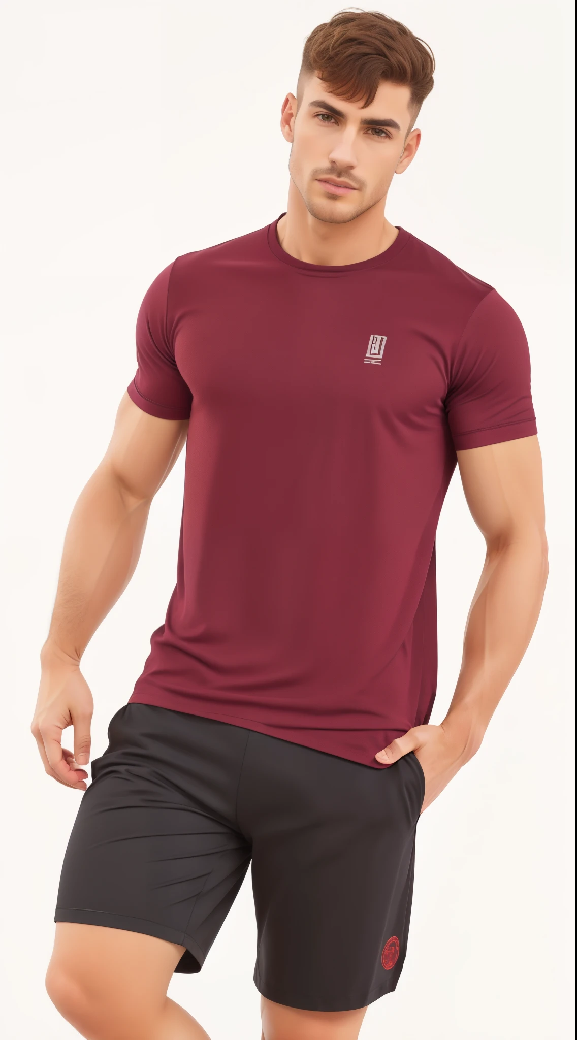 homem arafiado com camisa marrom e short preto posando para uma foto, sport camiseta, red camiseta, manga curta, Trem com quilombola, violet coloured camiseta, Camiseta vermelha, roupas esportivas, roupas esportivas, wearing a camiseta, camiseta, camisa de malha, camiseta, vestindo camiseta roxa, vermelho marrom, Camisa Magenta