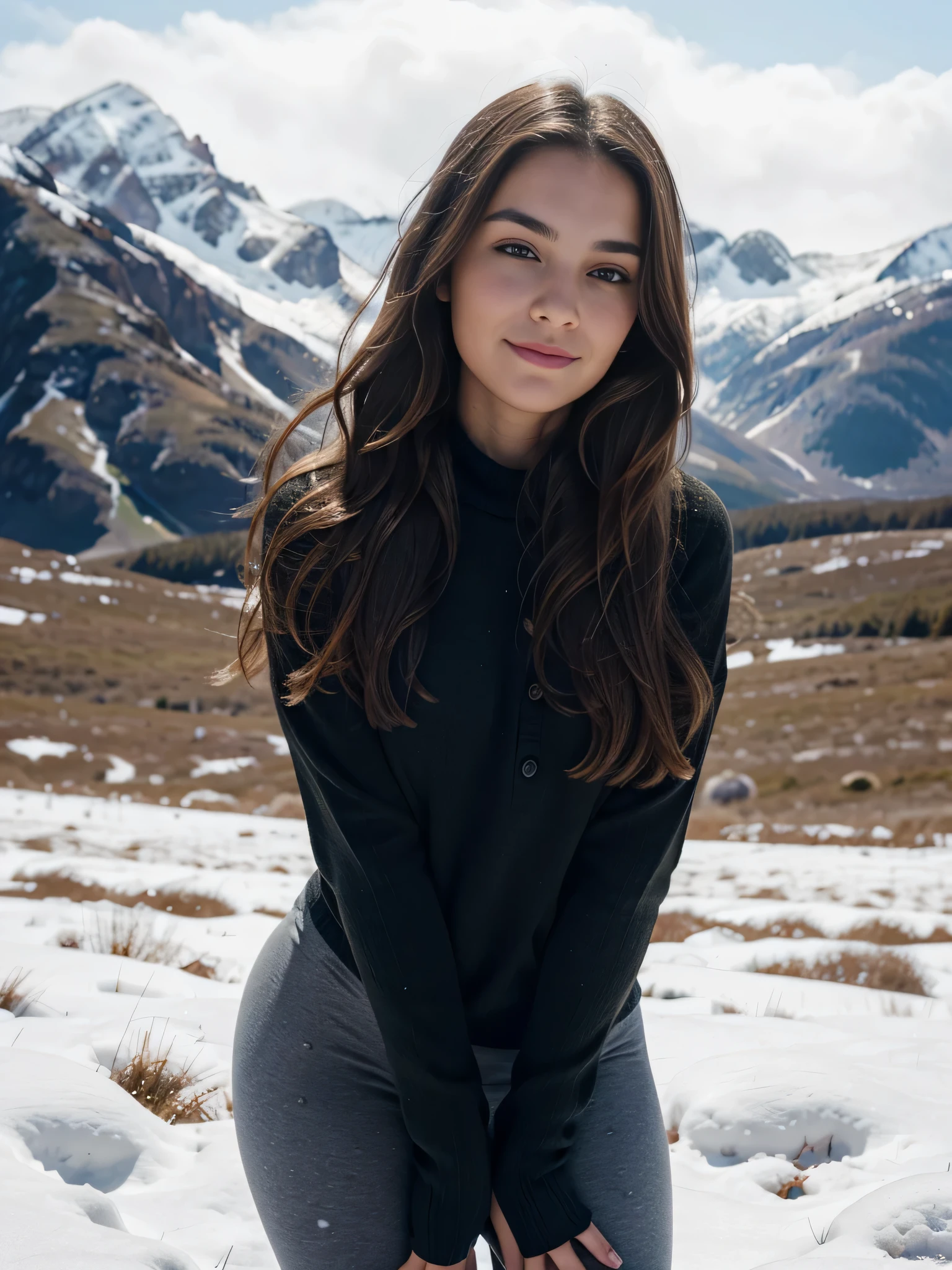 a 22 year old woman. My brown hair falls to my shoulders in long waves, framing my face and highlighting my eyes. My button nose is dotted with freckles that contrast with my pale skin. My eyebrows of her are thick and dark. My cheekbones are high and defined and my eyelashes are long and curled. It highlights my curves. I look directly into the camera, as if...
leggings, sweater, gorgeous and intricate color portrait, epic character composition, close-up portrait of a beautiful smiling woman with freckles, snowy mountain, (lineart:0.6), (perfect anatomy)1.4, ( full-field length), the photo it portrays my whole body while I am facing the opposite side of the camera, show rounded ass, face looks entirely at the camera