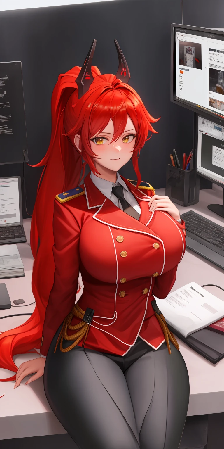 Red_Hood \\(Nikke)\\, Military uniform, (Big breast, Detailed retina, Red hair, ponytail), 4k, winning award, cyber horn, high rank officer, sitting in the office, looking to the viewer