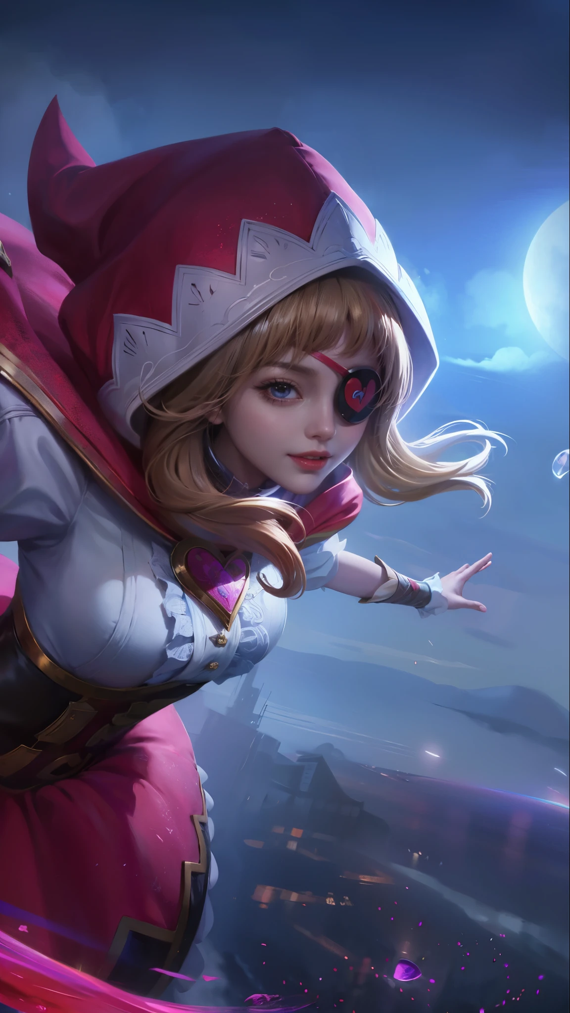 a close up of a woman wearing a red hood like a ruby wearing a patch over one eye, shadowbringers cinematic, 4 k detail fantasy, a beautiful fantasy empress, game cg, xianxia fantasy, xianxia hero, 2. 5 d cgi anime fantasy artwork, cinematic goddess close shot, ruan jia and artgerm, wow 4 k detail fantasy, hyperdetailed fantasy character, smile beautifull.