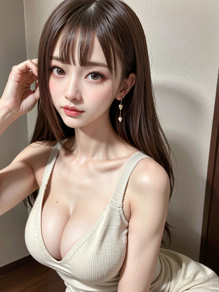 (heart particles:1.3)、Masseter muscle part, highest quality, Super detailed, small details, High resolution, 8K Dende Wallpaper, perfect dynamic composition, beautiful and detailed eyes, natural lip, sexy knit dress , big breasts、have cleavage, random sexy pose