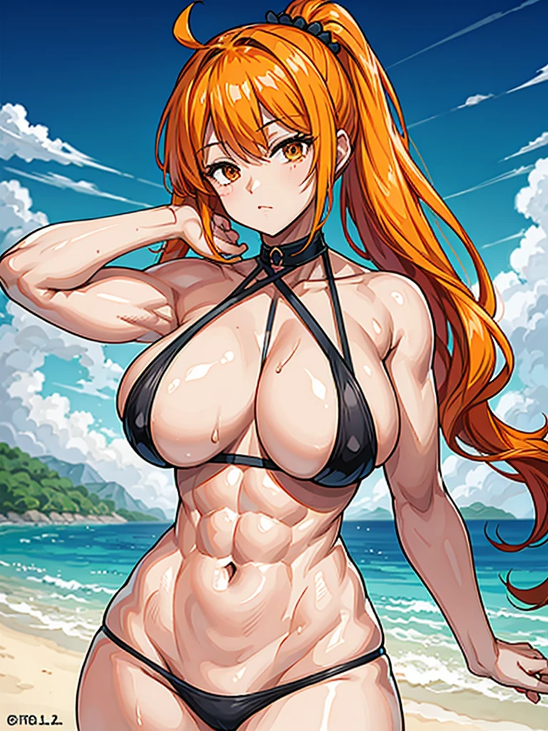 (((masterpiece、Highest image quality、highest quality、highly detailed unity 8kwallpaper)))、((Illustration of one girl))、(((beautiful girl)))、((orange hair、side ponytail、sidelocks:1.2、orange eyes))、((((body full of scars)))、((stocky build, thickset physique:1.3, muscular legs, broad shoulders, solid chest)))、swimsuit、sandy beach