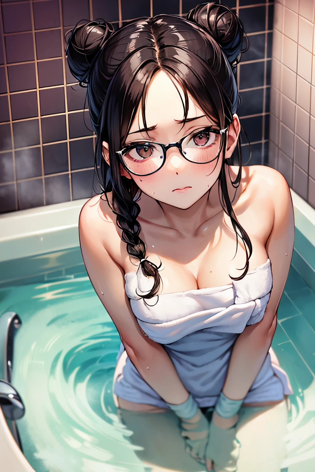 breast hold,leaning forward, sweat:, Top quality, one beautiful woman, 20 years old, dark brown eyes, 35mm lens, f/1, glasses, braids, black hair, pale skin, small chest, slendar body, shy , (white bath towel:2), standing, (POV:1.5), forehead, single hair bun