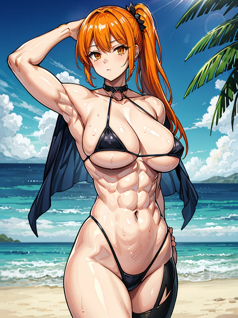 (((masterpiece、Highest image quality、highest quality、highly detailed unity 8kwallpaper)))、((Illustration of one girl))、(((beautiful girl)))、((orange hair、side ponytail、sidelocks:1.2、orange eyes))、((((body full of big scars)))、((stocky build, thickset physique:1.3, muscular legs, broad shoulders, solid chest)))、swimsuit、sandy beach
