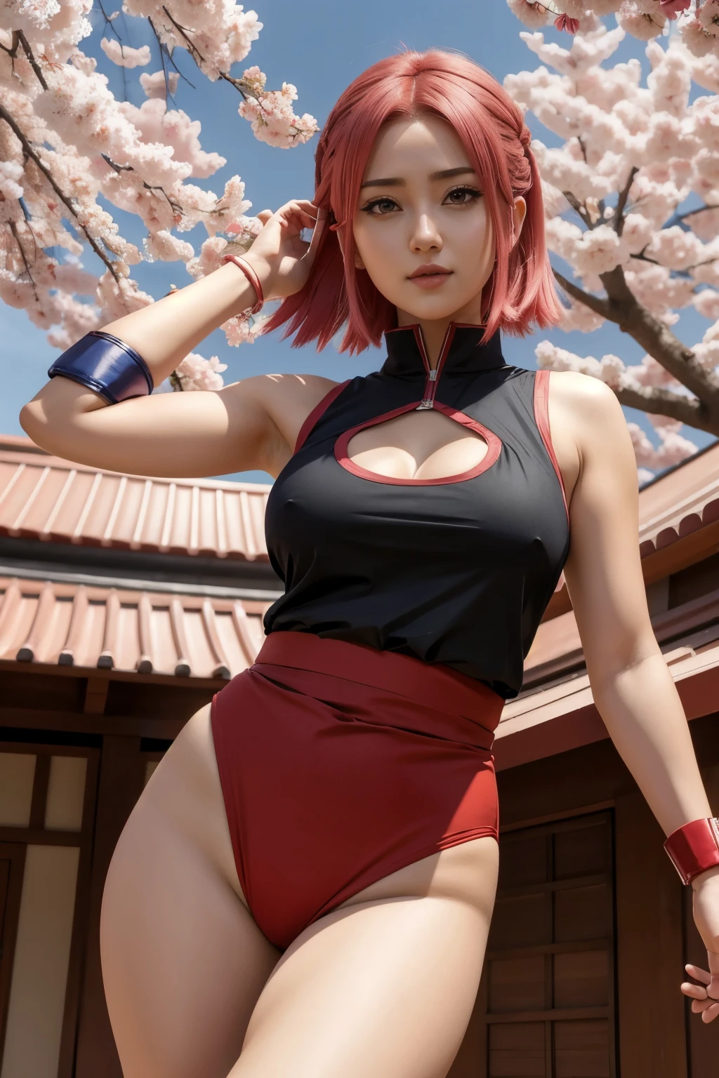 sakura from naruto shippuden anime, red sleeveless top, arm up in the air, UHD underarms, UHD armpit details