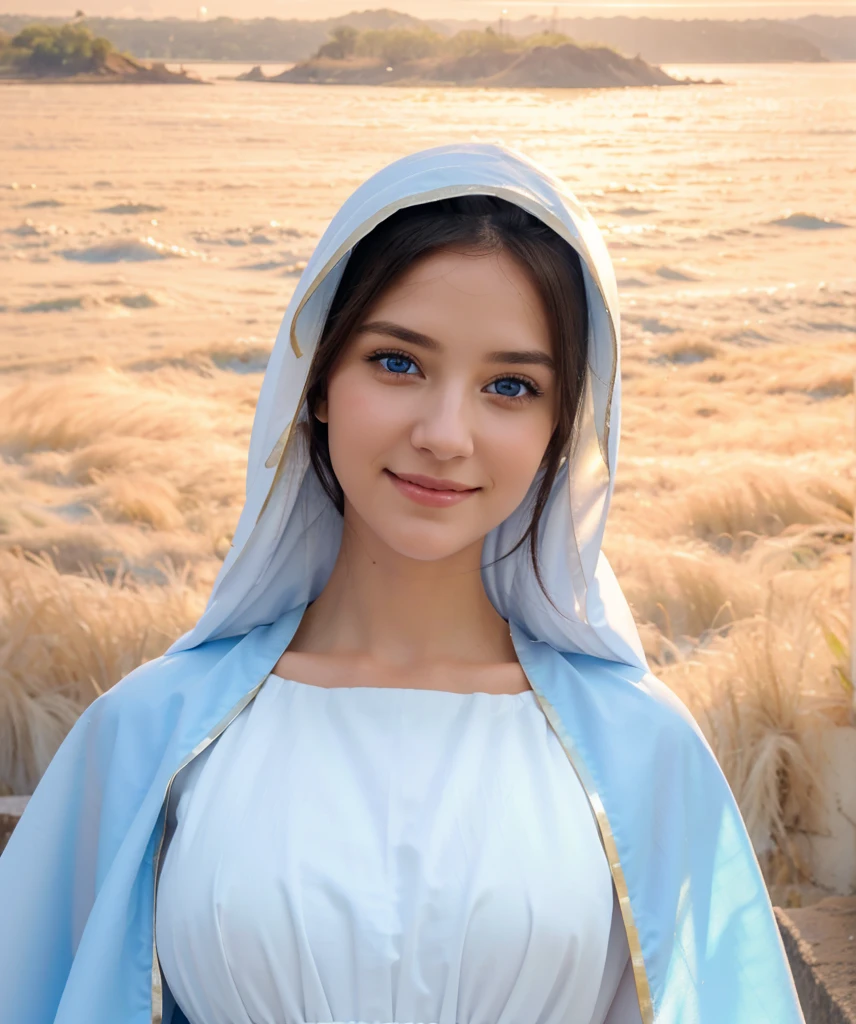 a beautiful woman dressed in a white dress and blue cape, very detailed eyes with light blue color, sweet smile, sweet look, majestic holy woman, Virgin Mary, she arriving to heaven, holy and beautiful, she approaching heaven, beautiful maiden