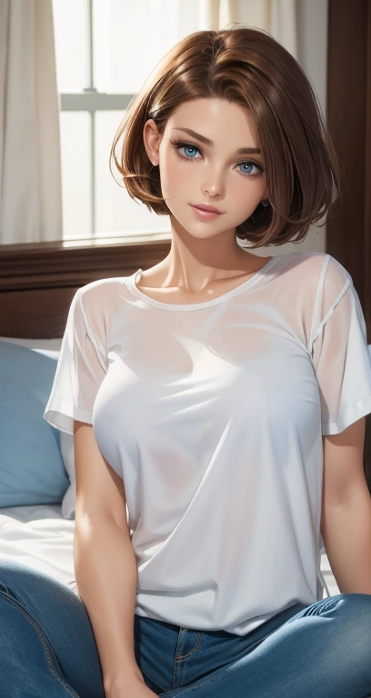 Beautiful woman with short brown hair blue eyes perfect body wearing white shirt and blue jeans sitting in her room 