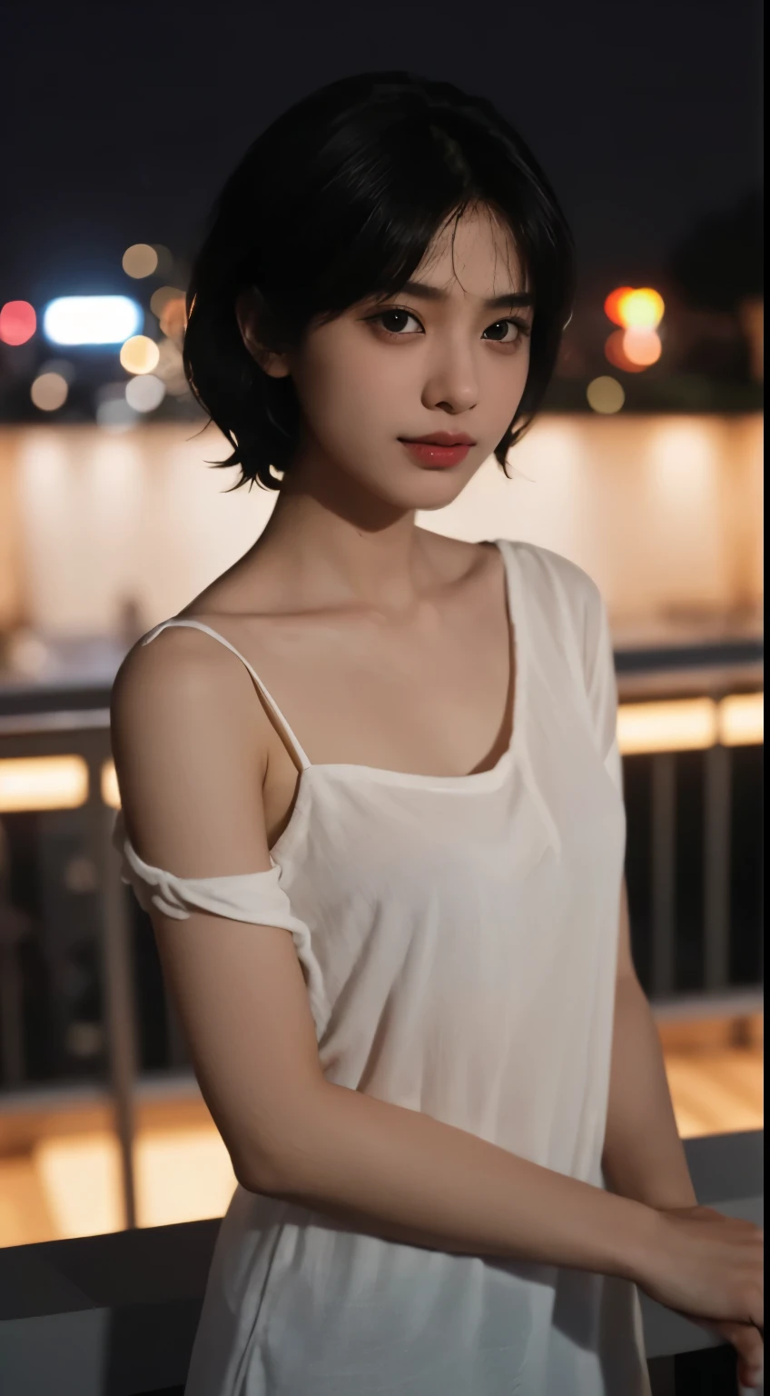 1girl, indian, black short hair, idol, model, depth of field, photo, movie, face, thin, happy, collarbone, movie, white shirt, selfie, night, balcony, character centered