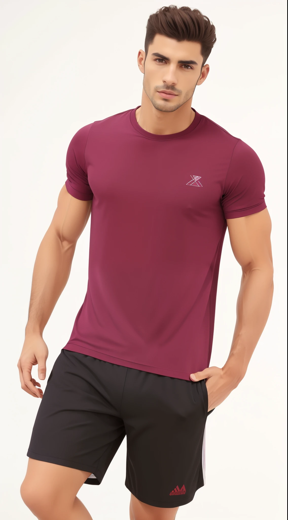homem arafiado com camisa marrom e short preto posando para uma foto, sport camiseta, red camiseta, manga curta, Trem com quilombola, violet coloured camiseta, Camiseta vermelha, roupas esportivas, roupas esportivas, wearing a camiseta, camiseta, camisa de malha, camiseta, vestindo camiseta roxa, vermelho marrom, Camisa Magenta