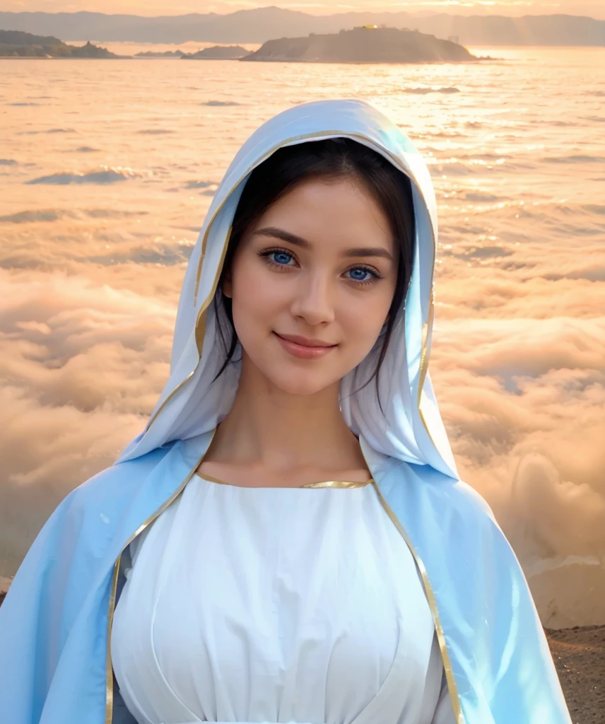 a beautiful woman dressed in a white dress and blue cape, very detailed eyes with light blue color, sweet smile, sweet look, majestic holy woman, Virgin Mary, she arriving to heaven, holy and beautiful, she approaching heaven, beautiful maiden