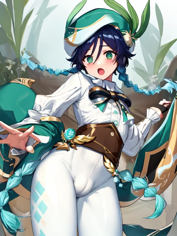 Venti, genshin impact, cute, see through white leggings, blue braids, green hat, bulge