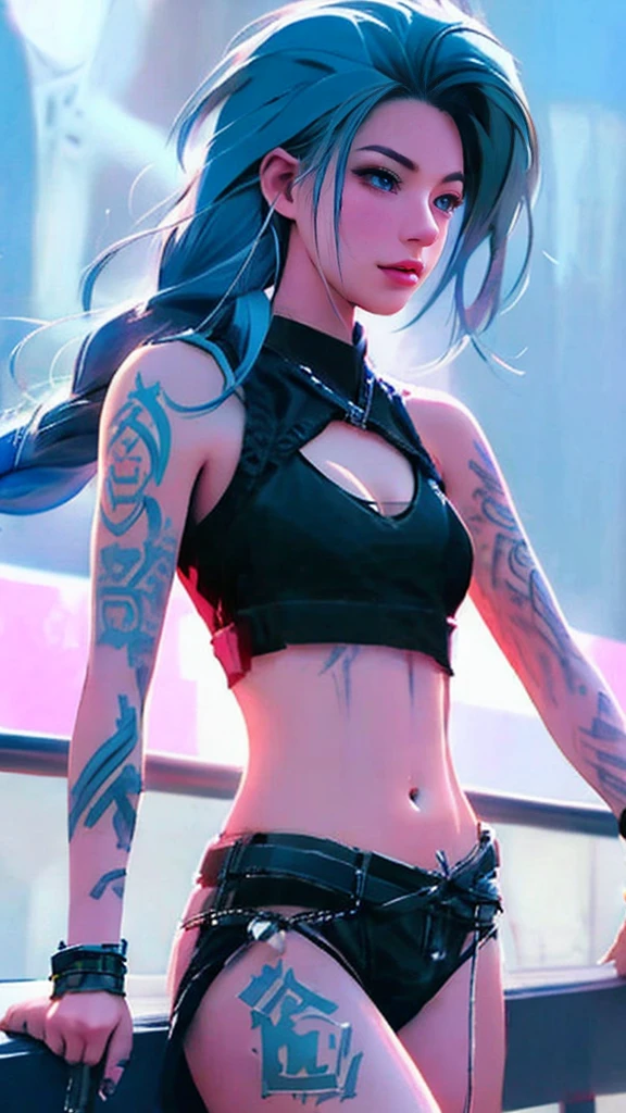 A blue-haired、black micro-bikini， extremely detailed artistic germ,  lois van baarle and Rostus, deviantart art station cgscosiety, artistic germ and atey ghailan, in the style of ross tran, rostlan style, IG model | artistic germ, Rostus，abdominal muscles，腹部tattoo，tattoo，Small，，Navel exposed，tattoo，Powerful thigh，腿部tattoo，