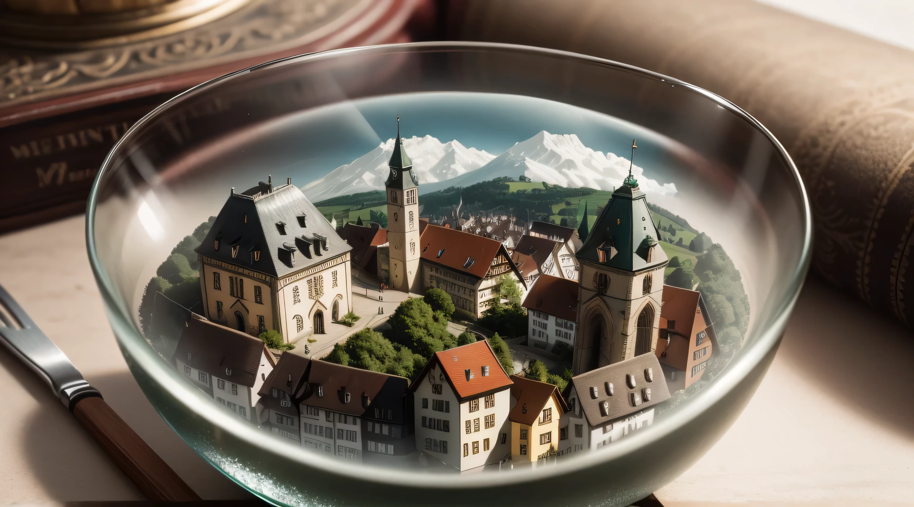 Mini\(ttp\), (8 TAUSEND, RAW-Foto, best quality, Meisterwerk:1.2), ((Miniature switzerland city in a glass bowl sitting on old bookystic