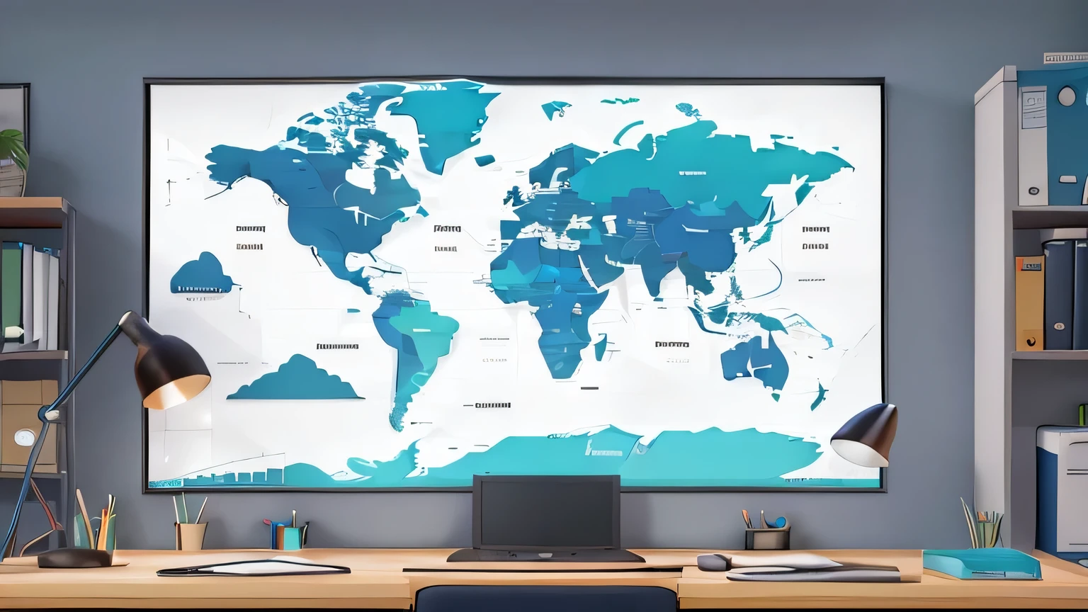 Remote Worker, Arte de fundo de anime, limpar lines, alta qualidade, Global map, organizado, limpar, apenas, Vazio, single desktop computer, office chair, calma, aconchegante, modern feel, texturas suaves, papel de parede interior, primeiro plano limpo
