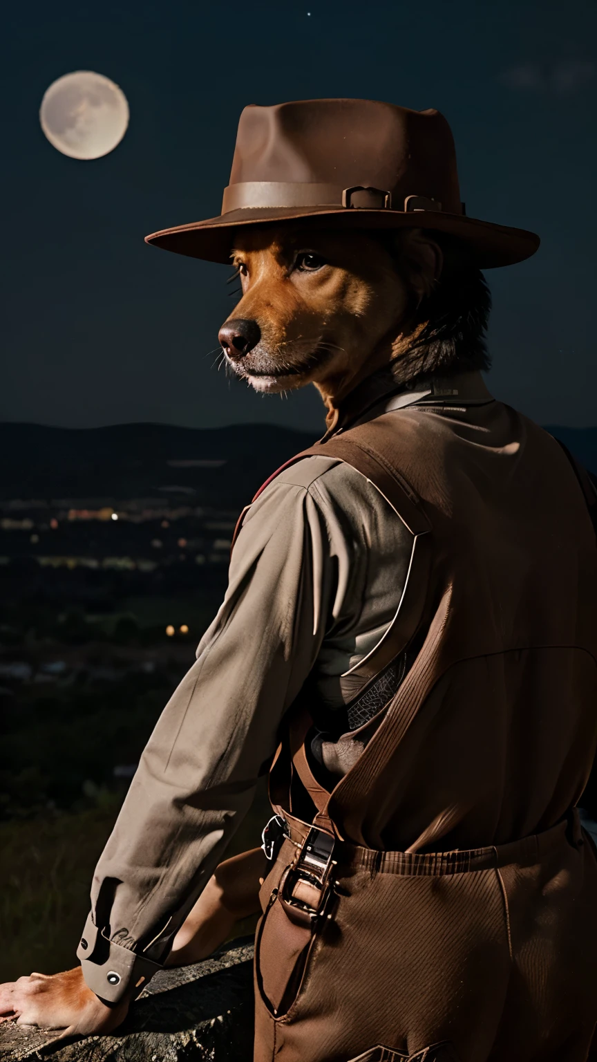 A DOG, WEARING DETECTIVE CLOTHES, ((BROWN OVERALL)), HAT, AT NIGHT, ON THE TOP OF A HILL, LOOKING AT THE MOON