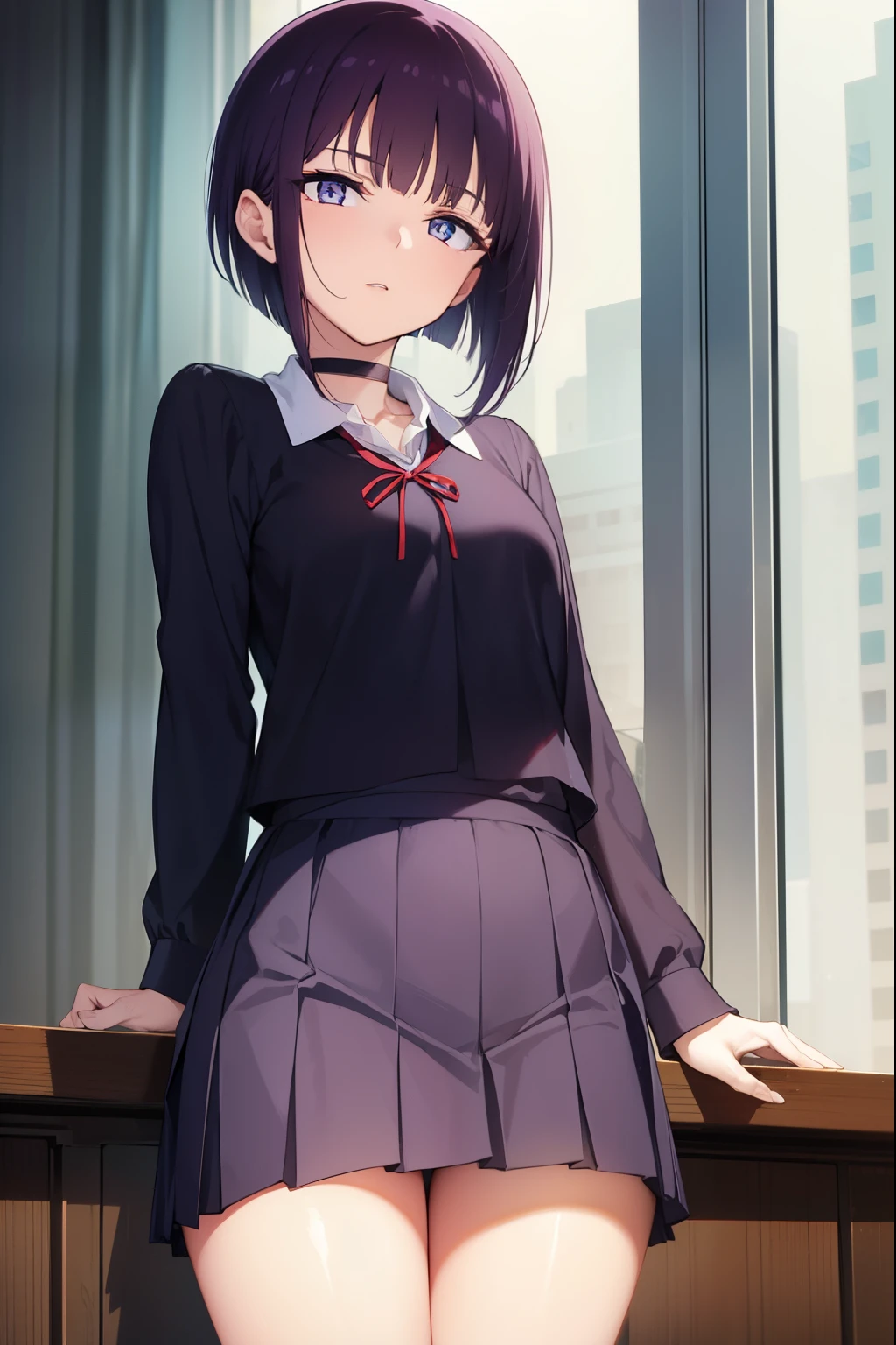 miyabisenpai, miyabi senpai, short hair, bangs, purple hair, (purple eyes:1.1),
BREAK skirt, shirt, long sleeves, ribbon, school uniform, pleated skirt, choker, collared shirt, neck ribbon, black choker,
BREAK indoors, classroom,
BREAK looking at viewer, (cowboy shot:1.5),
BREAK (masterpiece:1.2), best quality, high resolution, unity 8k wallpaper, (illustration:0.8), (beautiful detailed eyes:1.6), extremely detailed face, perfect lighting, extremely detailed CG, (perfect hands, perfect anatomy),