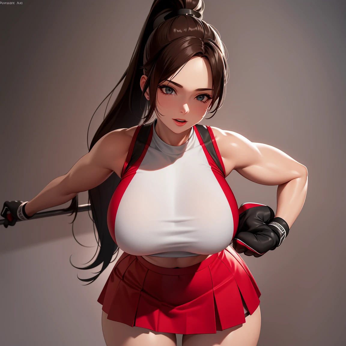 8k, Super details, precise, best quality, masterpiece, Super details, high detail, high quality, best quality, high resolution ,1 girl,huge tits,Healthy and muscular body,Lift up the red split skirt,high ponytail