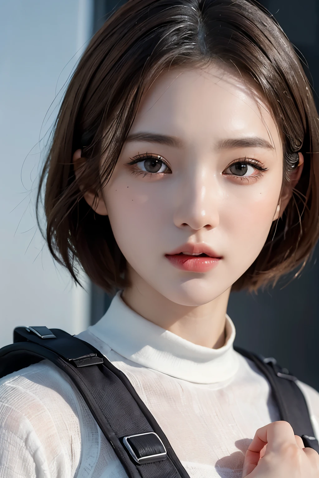 highest quality、masterpiece、ultra high resolution、(real:1.4)、Beautiful woman１、Beautiful details of eyes and skin、troubled face、light brown short cut hair、The perfect spacesuit、Gray sky、Snow Planet、