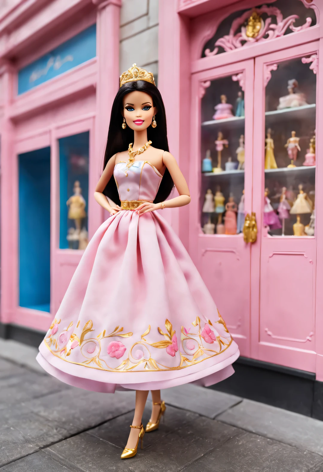 (街角的芭比娃娃玩具店的橱窗特写),The background of the Barbie doll showcase on the street corner adopts European classical pink, blue, and gold. The showcase displays retro carvings with delicate patterns, showcasing various Barbie doll princess series. Each doll dressed in gorgeous and exquisite clothing, accompanied by exquisite jewelry and shoes, Barbie doll accessories, various clothing, shoes, jewelry, etc., 3D rendering, cartoon style, photography,
