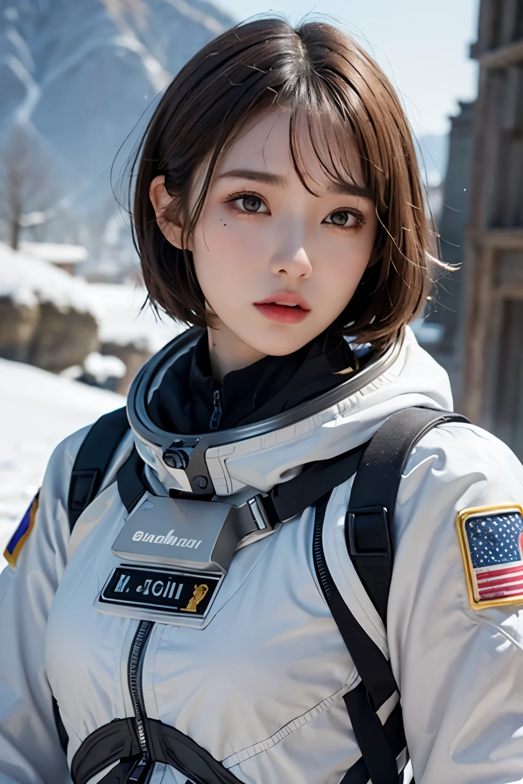 In the night sky, countless stars twinkle brightly, illuminating the darkness. A woman with long hair in a white pilot suit stands in front of the destroyed Gundam. Japan people with small breasts. He is wearing a patch down jacket with G2 written on it.