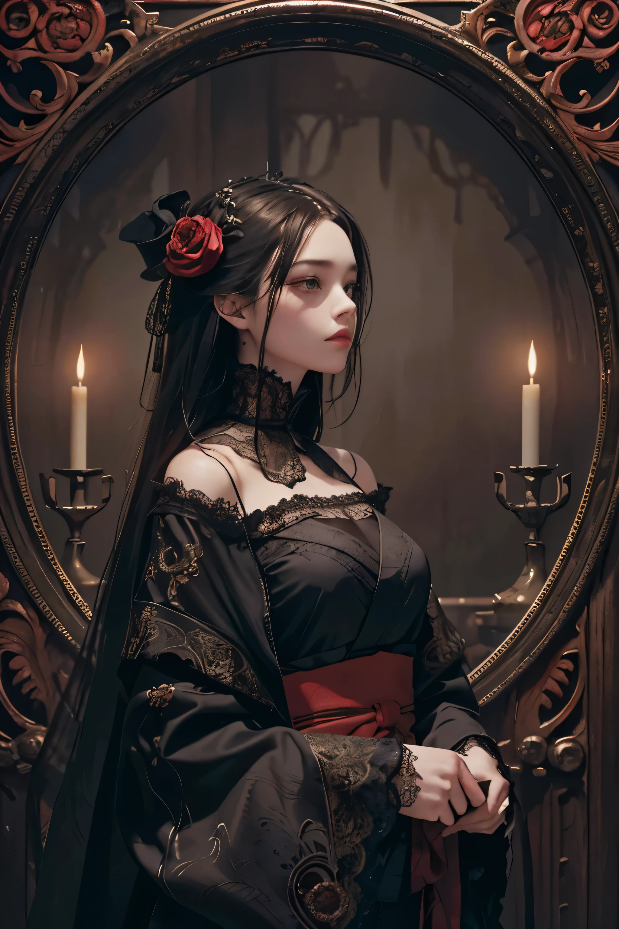 Official Art, Unity 8k wallpaper, super detailed, beautiful, beautiful, masterpiece, best quality,
darkness, atmosphere, mystery, romanticism, creepy, literature, art, fashion, victorian, decoration, intricacies, ironwork, lace, contemplation, emotional depth, supernatural,
1 girl, solo, neck, bust composition, black and red kimono