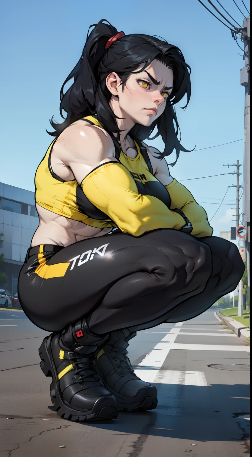 sad frown muscular girl muscular girl black hair yellow eyes pale skin breasts full body squatting