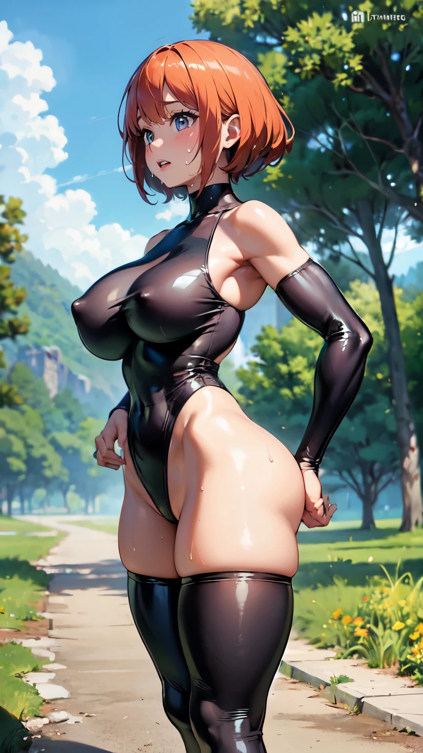 (best quality,4K,8k,high resolution,masterpiece:1.2),super detailed,(actual,realistically,realistically:1.37), Ultra high definition face, One wearing a black bodysuit, leotard, Short orange mushroom head hair, jaw-dropping beauty, attractive body, Tik, charming curves, Charming face and figure, Thin waist and thick hips, , Crazy expansion, droop, hourglass figure, Buttock augmentation, Cocked buttocks, Crazy expansion臀部, fitness model, rosy cheeks, sweat, dripping with sweat, Standing on the hiking trail, trees, Grass