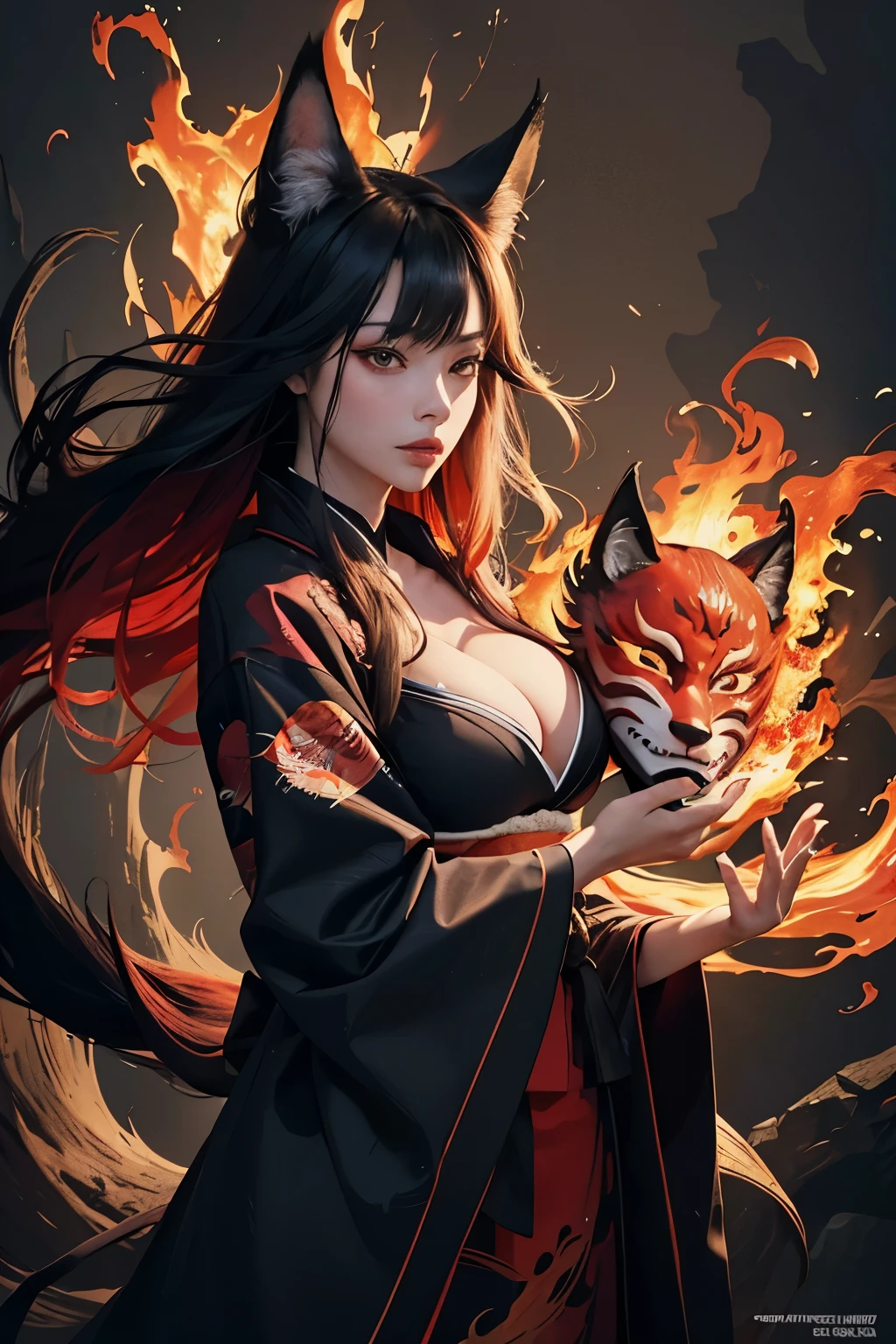 official art, unity 8k wallpaper, ultra detailed, beautiful and aesthetic, beautiful, masterpiece, best quality, dynamic angle, cowboy shot, the most beautiful form of chaos, elegant, a brutalist designed, vivid, romanticism, atmospheric, red and black kimono, kitsune mask, cleavage, fox mask, flaming background, dark background, abstract background