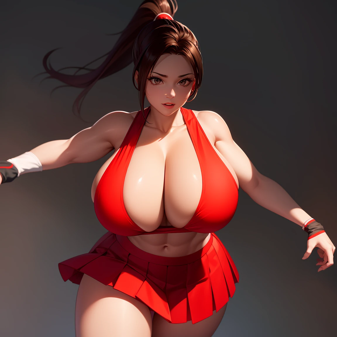 8k, Super details, precise, best quality, masterpiece, Super details, high detail, high quality, best quality, high resolution ,1 girl,huge tits,Healthy and muscular body,Lift up the red split skirt,high ponytail