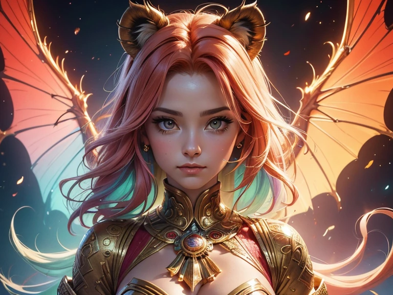 ((Quality: masterpiece, best quality, UHD, anatomically correct, photo realism, textured and detailed skin, skin pores, skin imperfections, textured and detailed hair, volumetric lighting, hyper realistic and detailed background)), whimsical and creative artist woman with a palette of vibrant colors, zodiac theme, sexy lioness lady, ((symmetrical wings)), lions mane, lion tail, breathing fire, fire, gold, red, ((bright pastel colours))