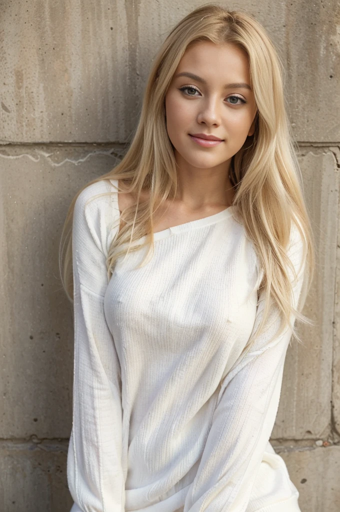 Blonde woman with long hair leaning against a wall in a white sweater, digital art inspired by Károly Lotz, Tendances sur CG Society, digital art, (visage Marilyn Monroe:0.9) belle fille blonde, belle femme blonde, Blonde, Femme blonde, photo of a beautiful woman, Beautiful soft lighting, Beautiful soft lighting, in white clothes, Une belle femme en blanc, Dressed in a white shirt,souriante,flirte avec la camers