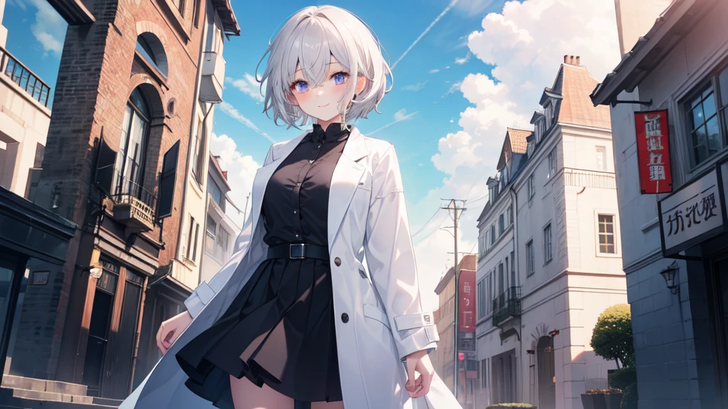 super high quality, girl, 20-year-old, とてもshort hair, long bangs between the eyes, very detailed,(masterpiece、highest quality)、alone、dark gray, silver hair, gray eyes, beautiful eyes,、short hair,blue sky , sunlight,fantastic scenery,smile、I can see your breasts、white coat、black skirt