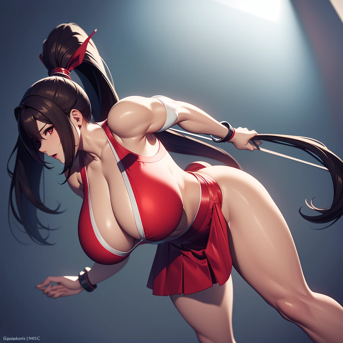 8k, Super details, precise, best quality, masterpiece, Super details, high detail, high quality, best quality, high resolution ,1 girl,huge tits,Healthy and muscular body,Lift up the red split skirt,thong,high ponytail,White analysis,Cool colors