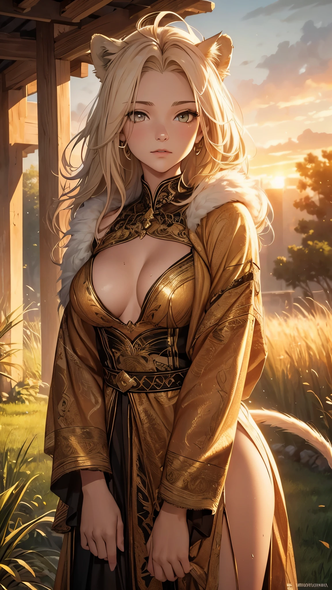 Huge white lion (albino), with a magnificent mane. Powerful front paws. Sharp front fangs (snarling expression). Hunting a defenseless (torn clothing) girl (model). Flawless figure. Savanna. Against the backdrop of a garden. (best quality, 4k, 8k, highres, masterpiece:1.2), ultra-detailed, (realistic, photorealistic, photo-realistic:1.37), HDR, studio lighting, ultra-fine painting, sharp focus, physically-based rendering, extreme detail description, professional, vivid colors, bokeh Medium: illustration, with a touch of oil painting, and a hint of 3D rendering and photography Additional details: tall grass gently swaying in the breeze, a distant herd of animals, beautiful sunset colors painting the sky, sweat glistening on the lion's fur, the girl's terrified expression, intricate pattern on the torn clothing Artistic style: wildlife, realistic Color tone: warm and vibrant, with hints of golden and orange Lighting: soft, warm sunlight creating a golden glow, casting long shadows on the savanna