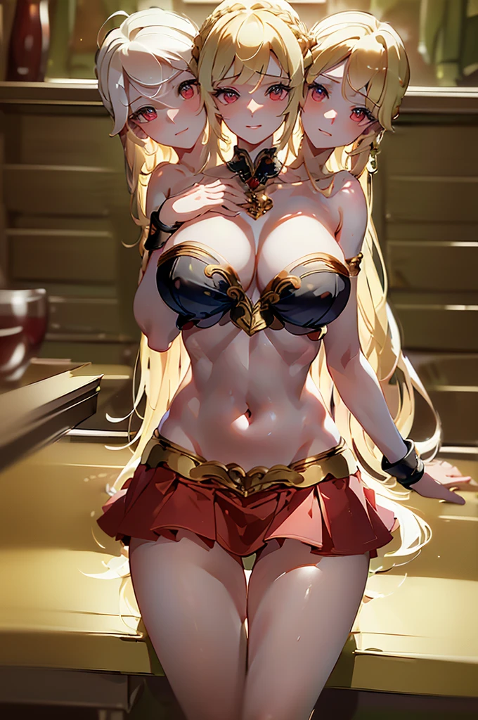 (masterpiece, best quality),best quality, (ultra-detailed), (3heads:1.4), 1girl, (aki minoriko:1.3), masterpiece, best quality, red top, crop top, ((stomach)), midriff, ((groin)), red skirt, normal ears, shackles, blonde hair, very long hair, wavy hair, sidelocks, red eyes, parted lips, single horn, sweat, cute, toned belly, hand on own chest, eyelashes, (25 year old woman:1.3), (masterpiece:1.4), (best quality:1.4), (beautiful detailed, extremely detailed CG, extremely delicate and beautiful, depth of field, (finely detailed face), (perfect details:1.0), (mature female:1.3), wide pelvis, slender, large veiny breast, 8k resolution, high quality, high definition, extremely detailed, masterpiece, best quality, blonde hair, long hair, alluring presence, braid, short skirt, close up, big tits, young, food-themed hair ornament, frills,