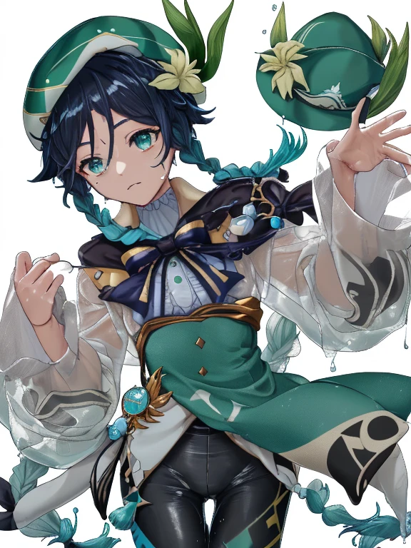 Venti, genshin impact, cute, transparent wet leggings, blue braids, green hat, small penis, wet, see through