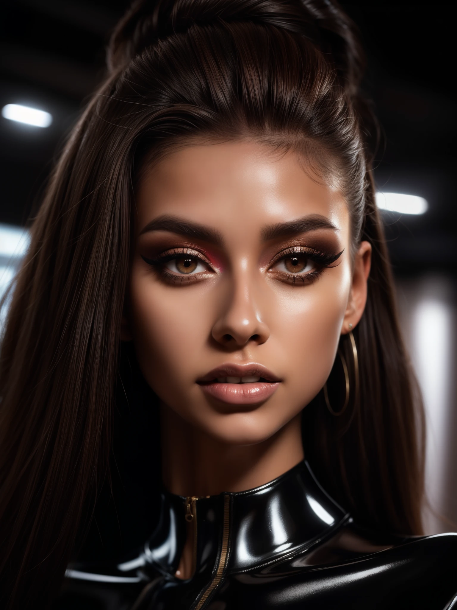 A portrait of a woman (Cristy Ren), (makeup:1.4), amazing body, (fit body:1.2), latex outfit, highly detailed fur, natural skin texture, 4k textures, detailed belly, Highly detailed perfect , Lightroom, Intricate, Ultra-Realistic, Out There, (HDR:1.3), UHD, (Intricate Detail, Hyper-Detailed:1.1), Cinematic, Photoreal, (Dark Shot:1.2), Dramatic, High Contrast, (Warm Color:1.1) , muted colors, master piece, elegant, sharp focus,